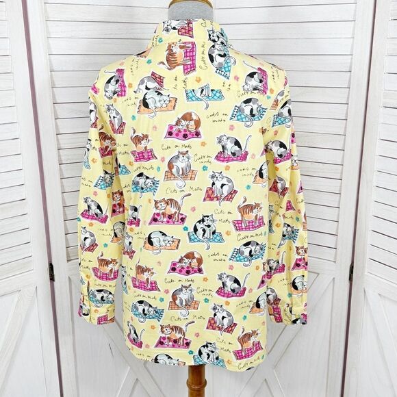 Chatterprintz Cats on Mats Button Up Shirt Yellow Small Long Sleeve - Picture 4 of 11